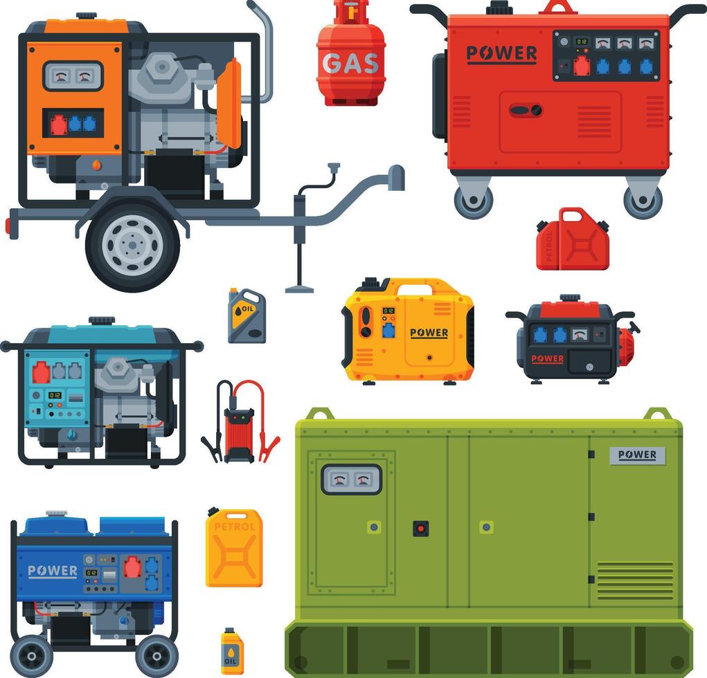 Different Types of Industrial Power Generators Set, Propane Gas Cylinder, Fuel Jerrycan, Electrical Engine Equipment Illustration vector