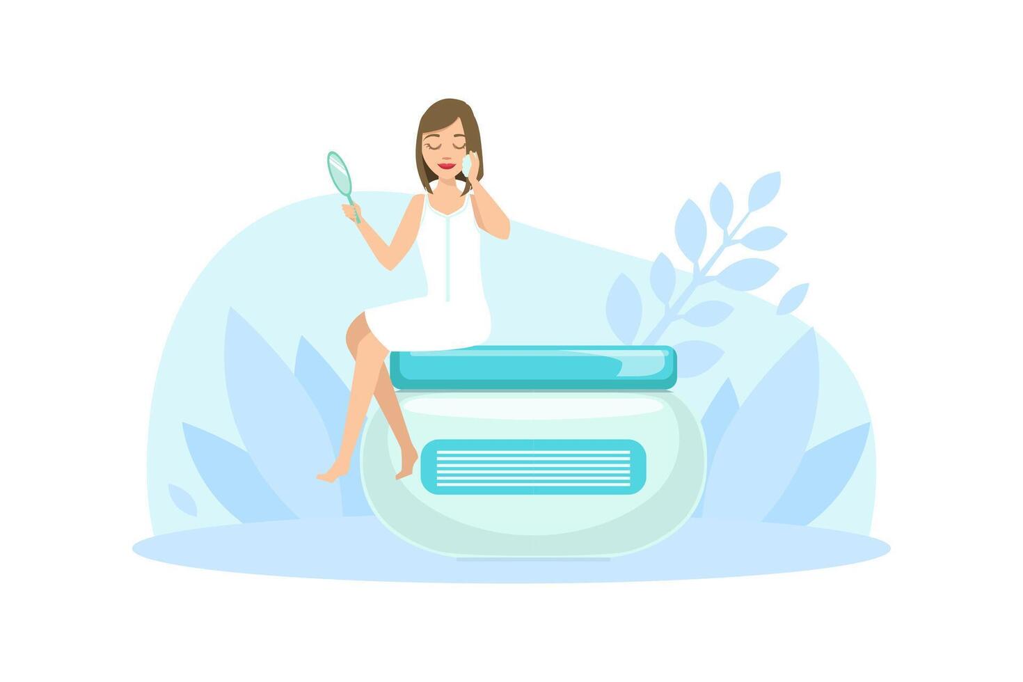 Tiny Beautiful Young Woman Sitting on Huge Cosmetic Jar, Spa and Hygiene Procedures Flat Illustration vector