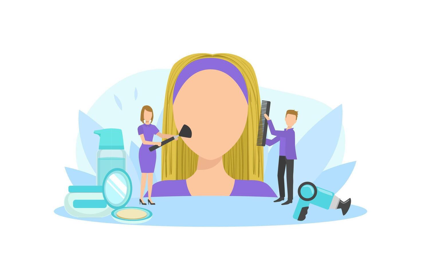 Big Female Faceless Head and Tiny People Visagistes Who Doing Makeup Flat Illustration vector