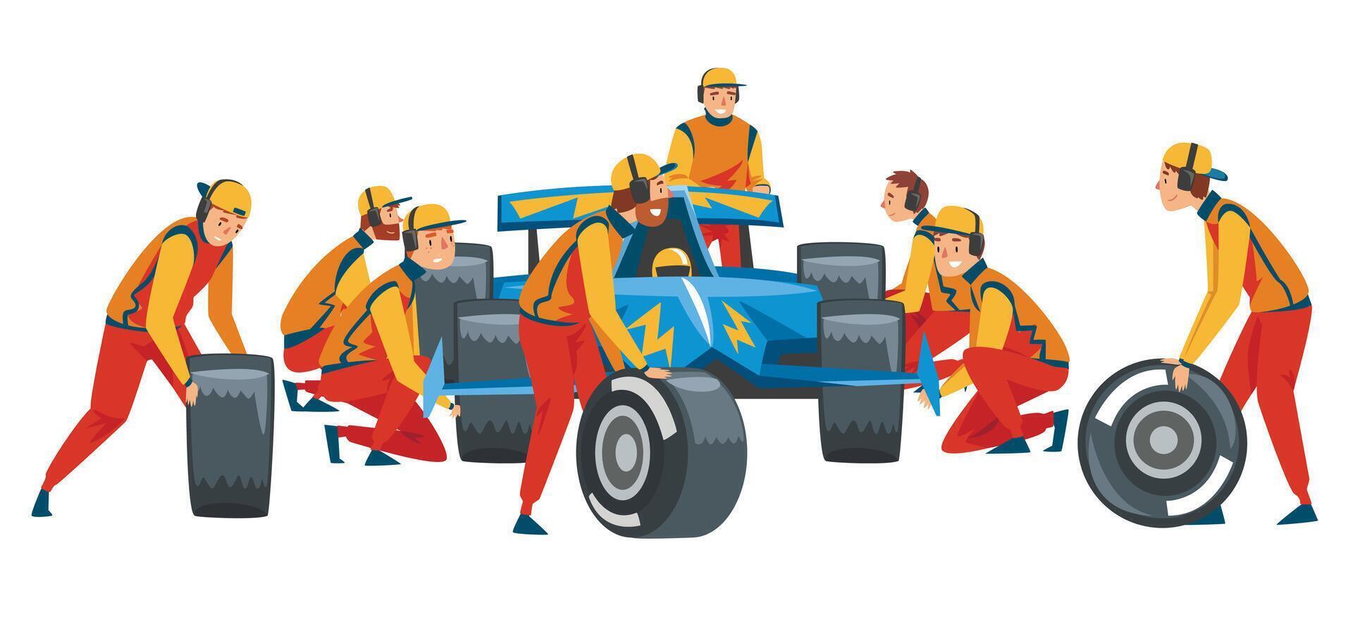 Pit Stop Crew Members in Uniform Changing Tire Wheels, Professional Mechanics and Racers Cartoon Characters Illustration vector