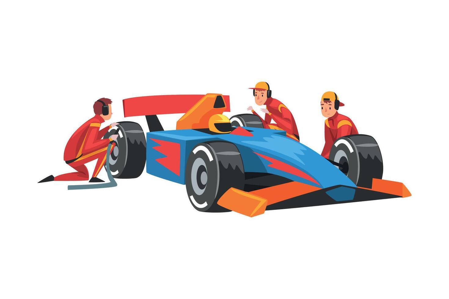 Pit Stop Crew Members in Uniform Changing Tire Wheels, Professional Mechanics Cartoon Characters Illustration vector