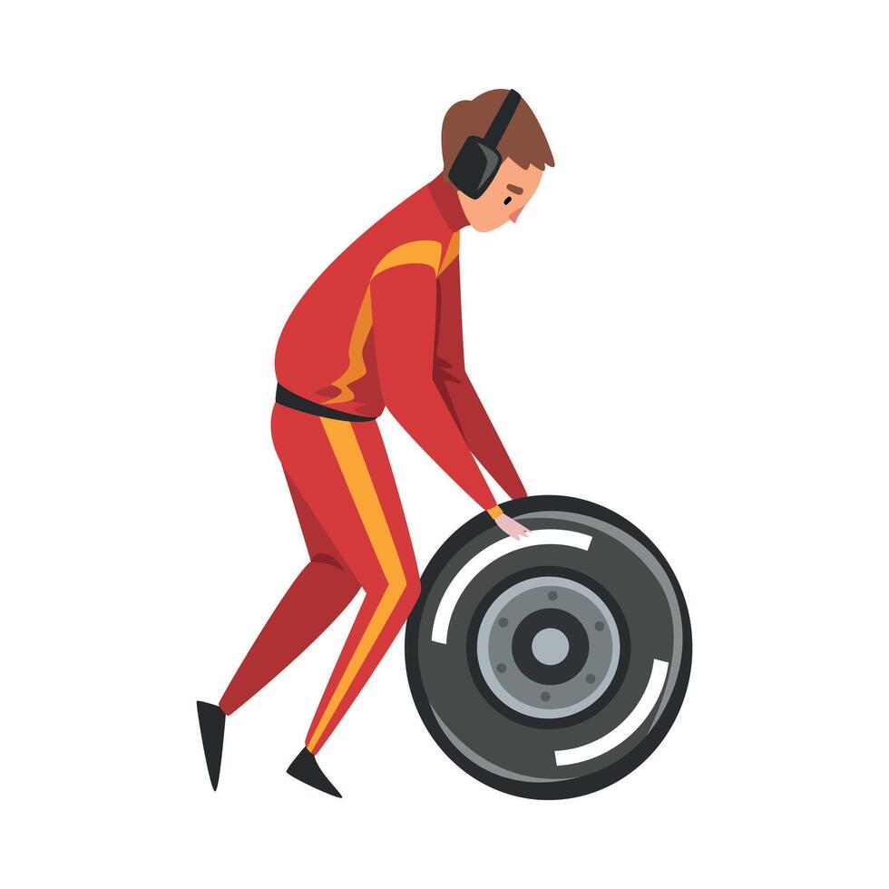 Pit Stop Crew Member in Red Uniform Changing Tire Wheel, Maintenance of Racing Car, Professional Mechanic Cartoon Character Illustration vector