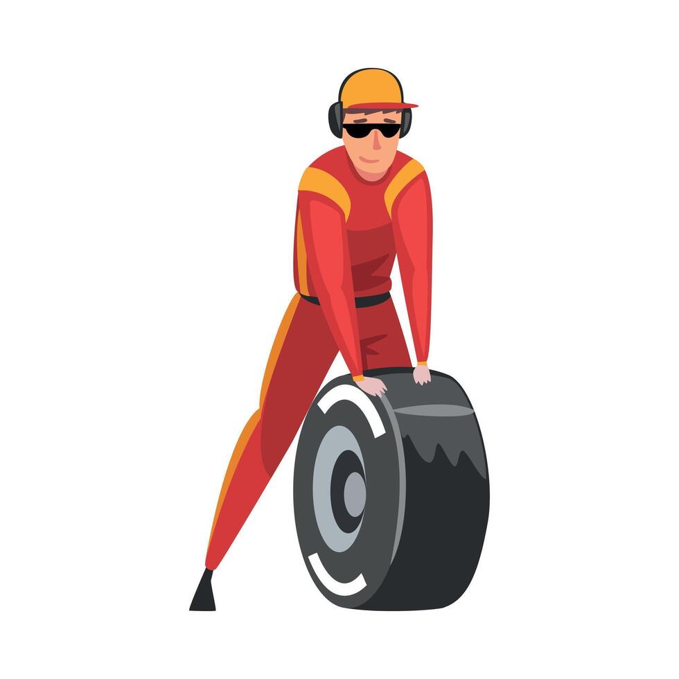 Pit Stop Crew Member Changing Tire Wheel, Maintenance of Racing Car, Professional Mechanic Cartoon Character in Uniform, Earphones and Sunglasses Illustration vector