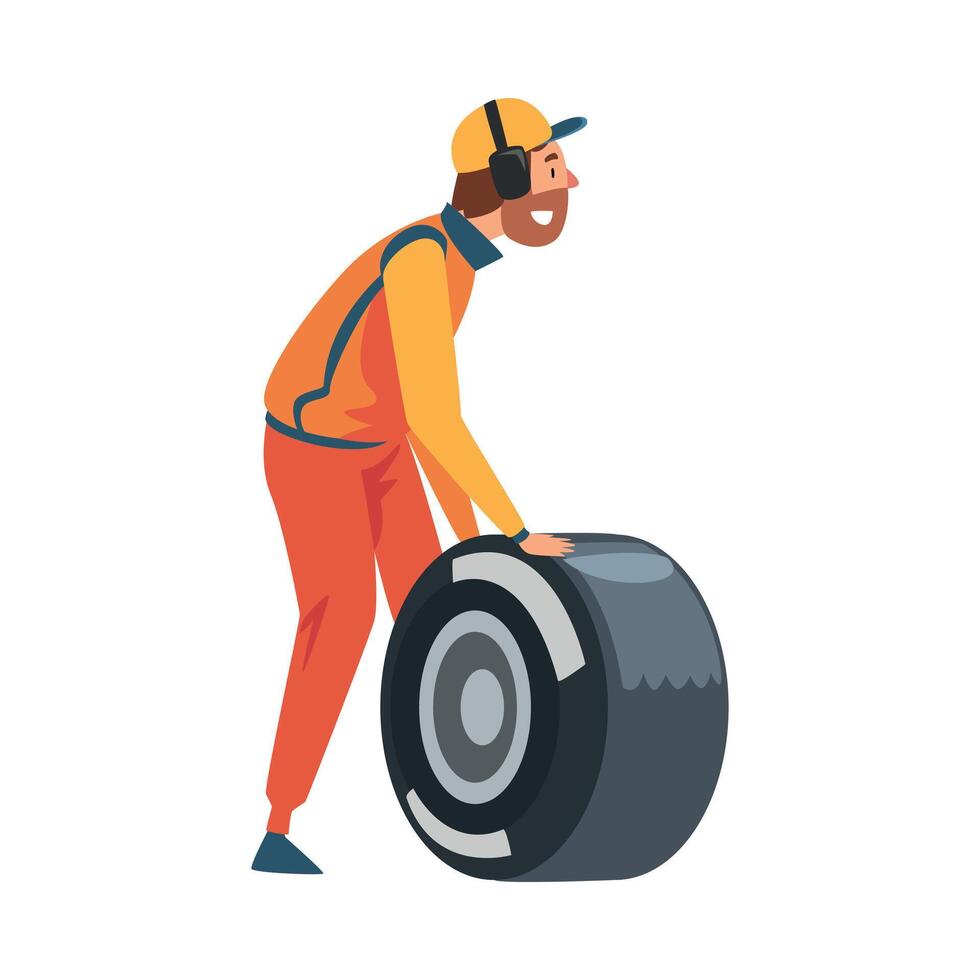 Pit Stop Crew Member in Uniform and Earphones Changing Tire Wheel, Maintenance of Racing Car, Professional Mechanic Cartoon Character Illustration vector