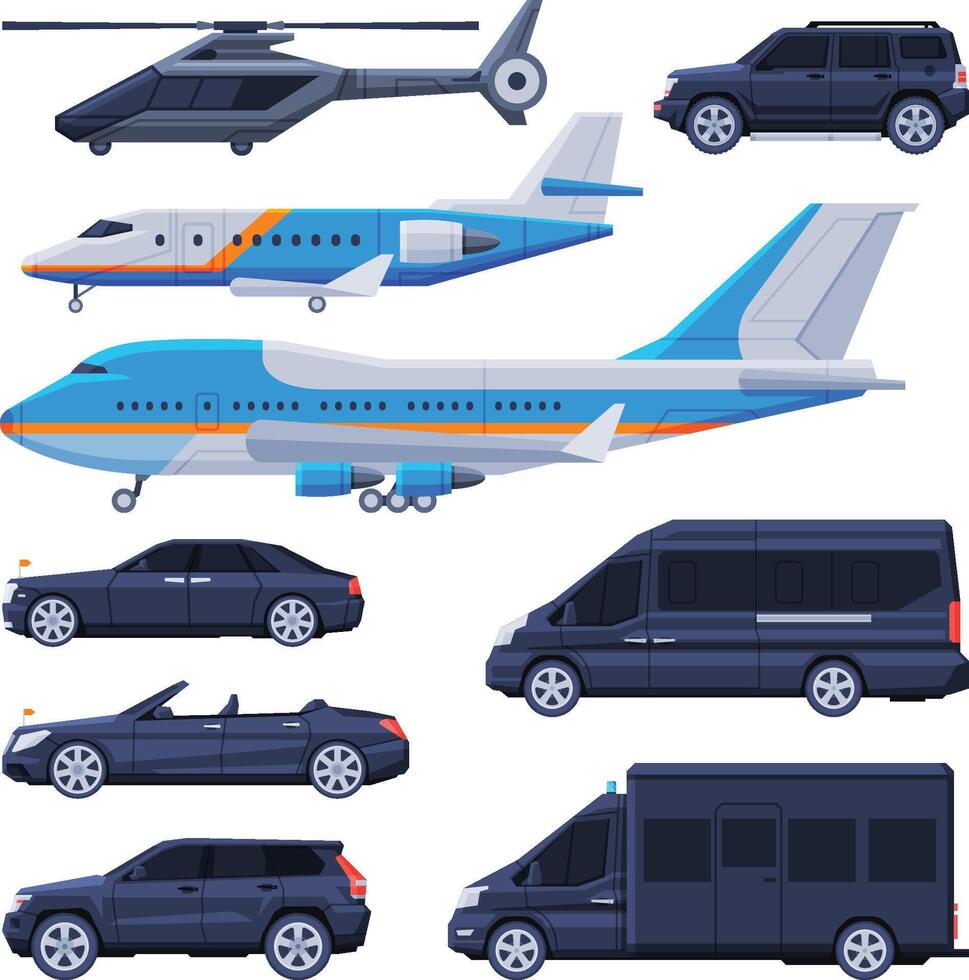 Government Vehicles Collection, Black Presidential Auto, Airplane, Helicopter, Luxury Business Transportation, Side View Flat Illustration vector