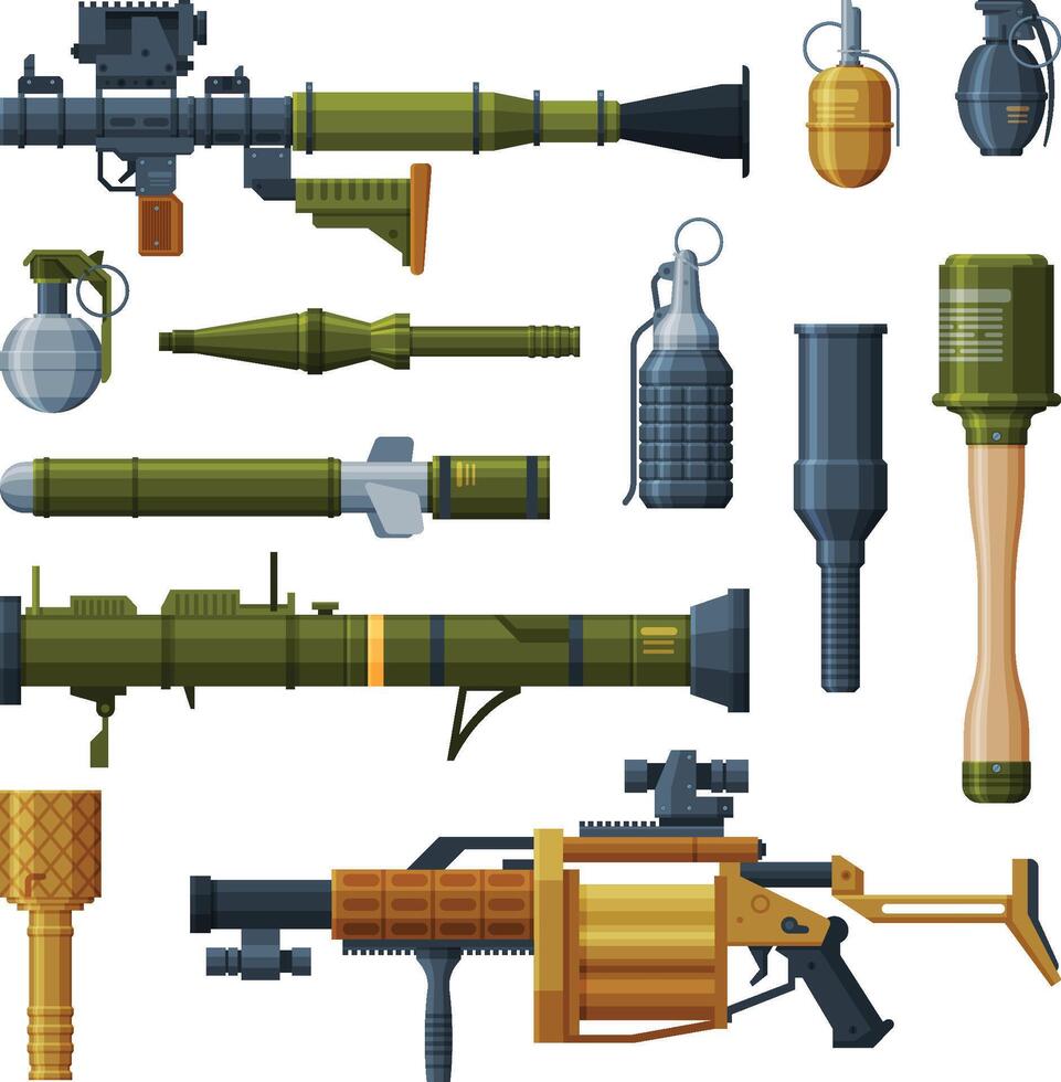 Hand Grenade and Bazooka Portable Rocket Launcher Collection, Military Combat Army Weapon Objects Flat Style Illustration vector