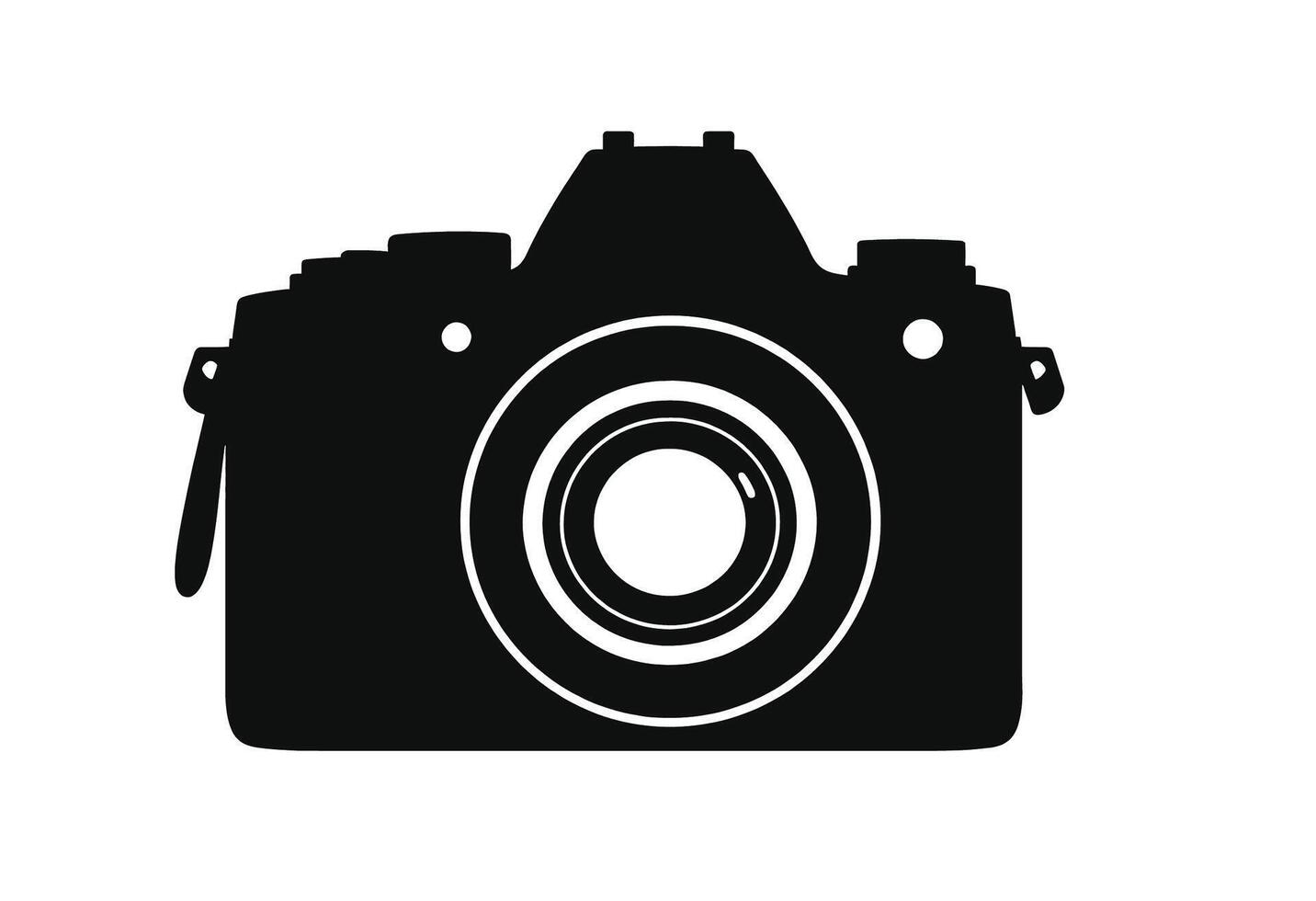 A black and white photo of a camera. imple Black Silhouette of a DSLR Camera. A clean minimalist silhouette of a DSLR camera vector