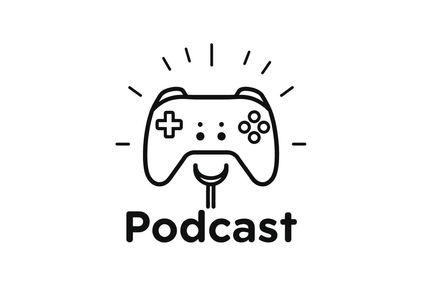 Gaming Podcast Logo Design. A simple clean line art logo featuring a game controller connected to a microphone suitable for a podcast focusing on games vector