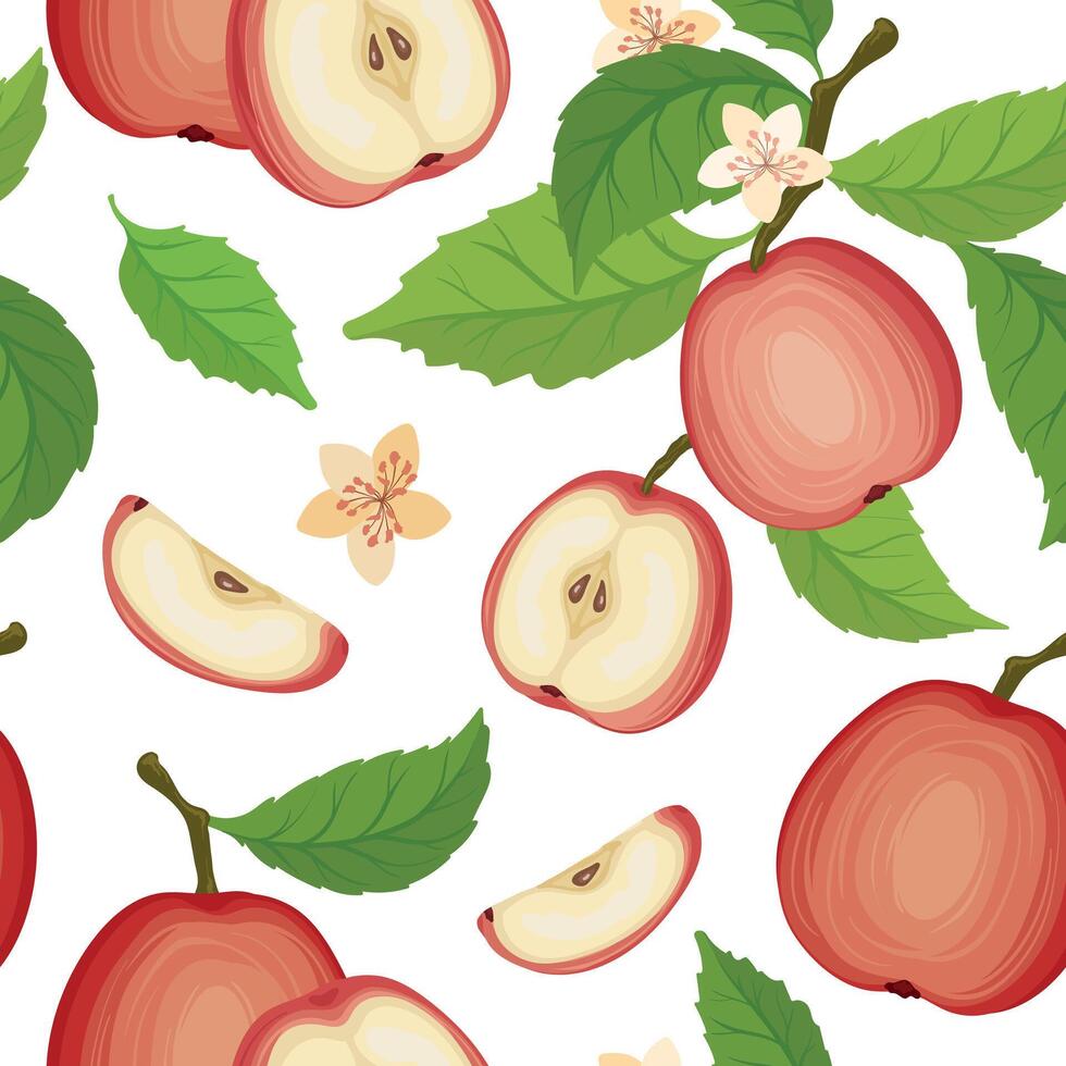 Seamless pattern with red apple brunch and flowers, on a white background vector