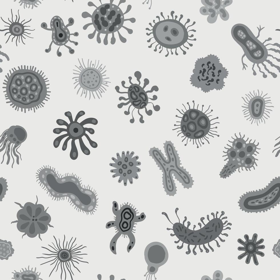 Monochrome gray Seamless pattern with bacteria in the gut microbiome vector
