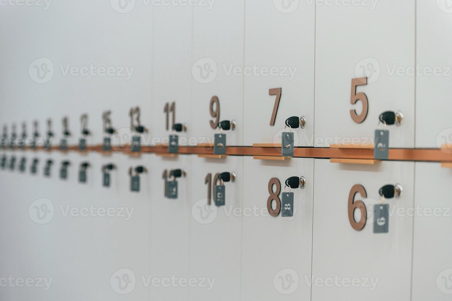 Close up view of lockers ,with keys and numbers photo
