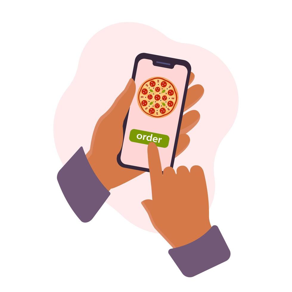 Hands with phone choosing pizza. Order fast food with mobile app. Delivery pizza service. Flat vecto illustration isolated on white background. vector