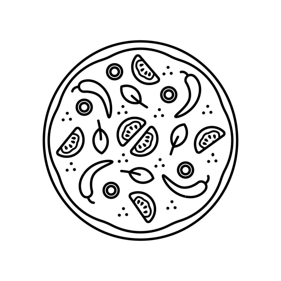 Top view whole tasty mexican pizza with tomato and hot pepper chilli illustration line style isolated on white background. vector