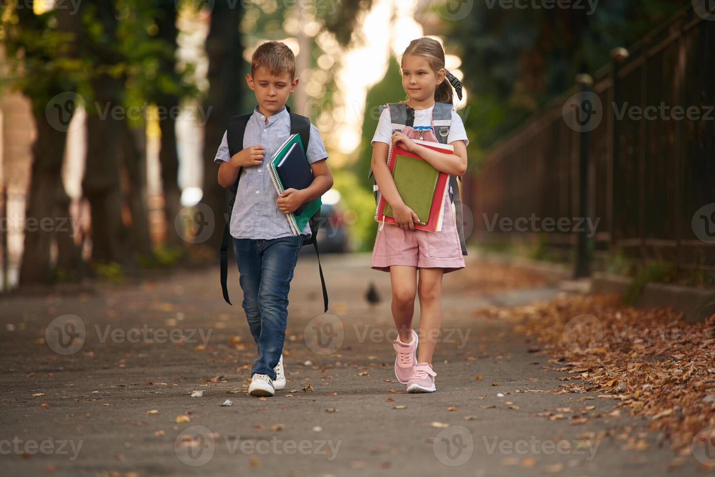 Young ,school ,children of boy and girl are together outdoors photo