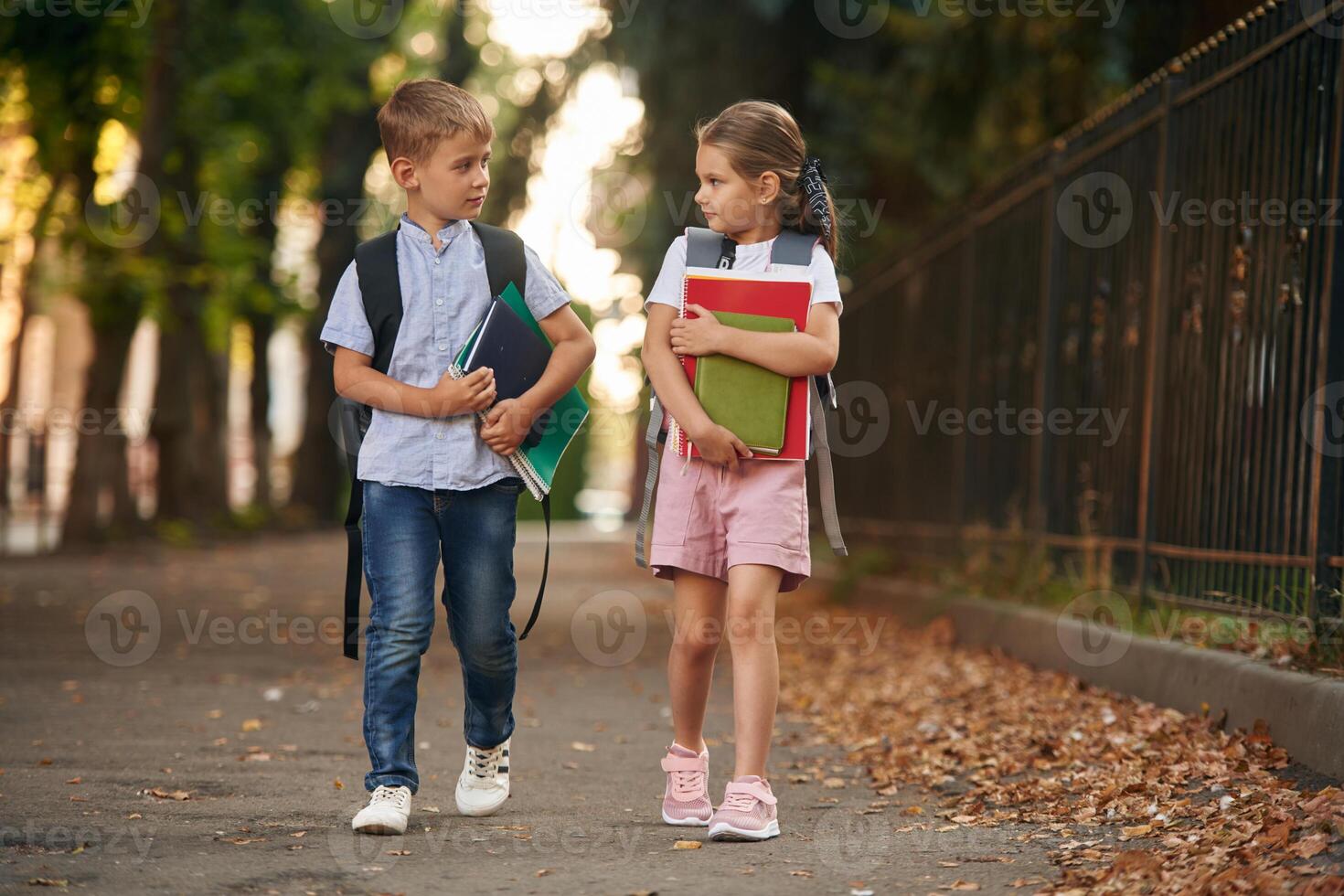 Holding, notebook and ,books. Young school children of boy and girl are together outdoors photo