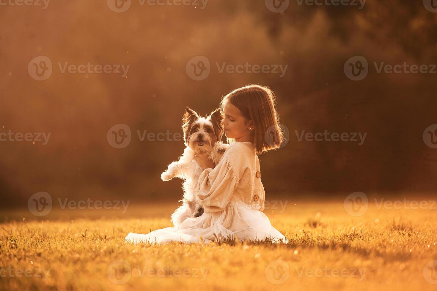 Sitting, on, the grass. Cute little girl is on the field with dog photo