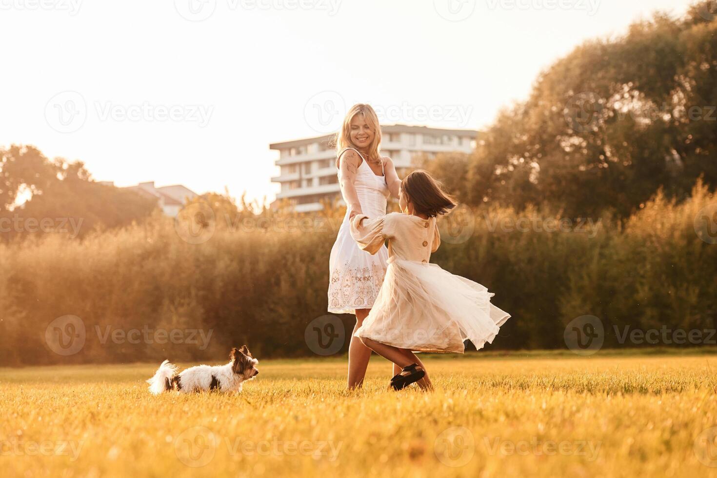 Dancing, having ,fun. Mother, with her daughter and cute dog are on the field outdoors photo