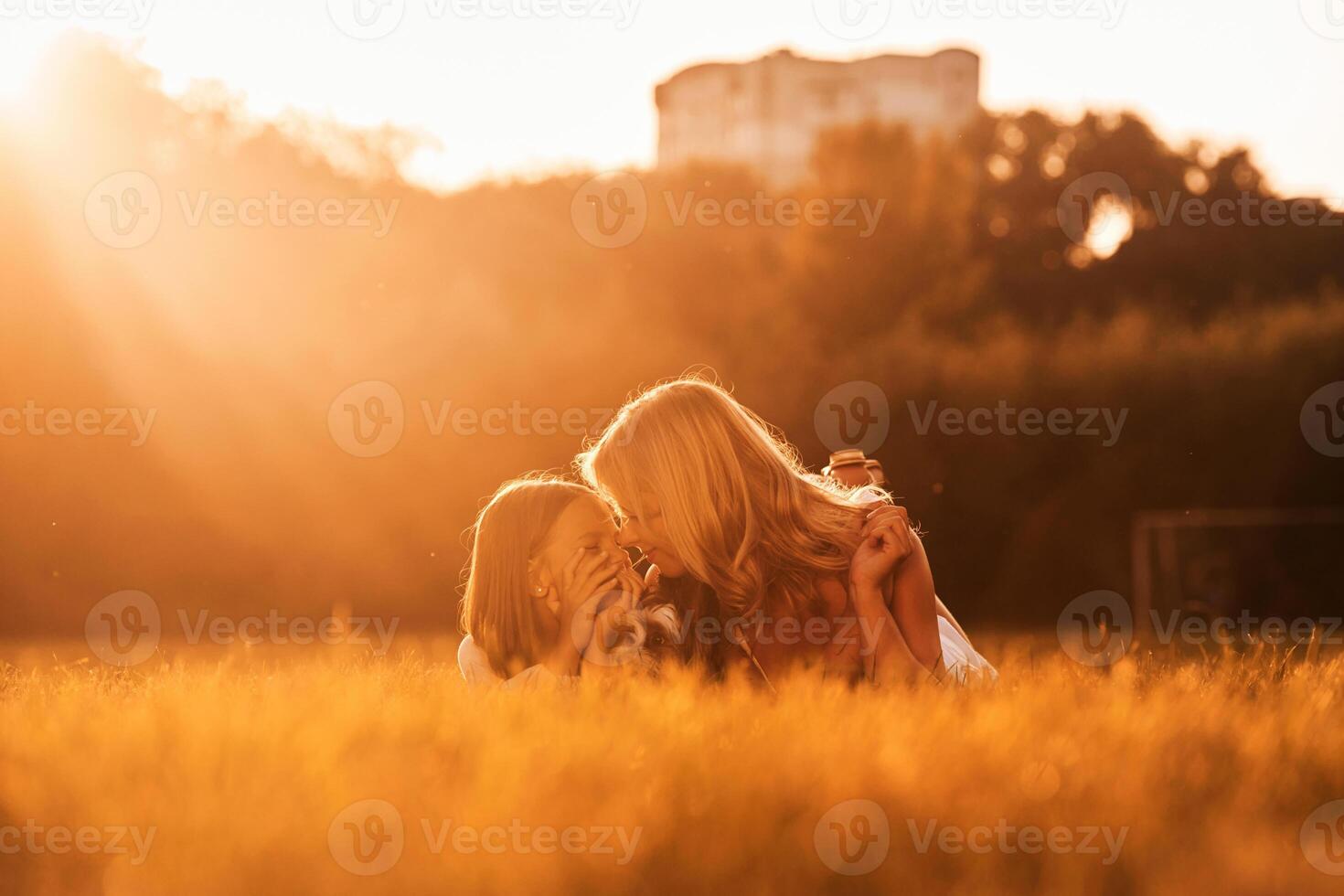 Illuminated by, sunlight, lying down. Mother with her daughter and cute dog are on the field outdoors photo