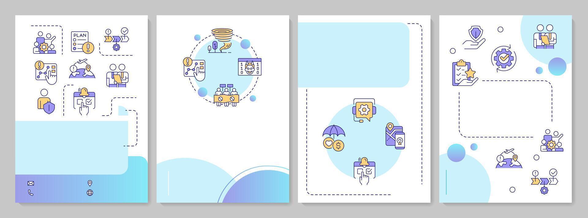 Travel risk manager blue circle brochure template. Security service for business journeys. Leaflet design with linear icons. Editable 4 layouts vector