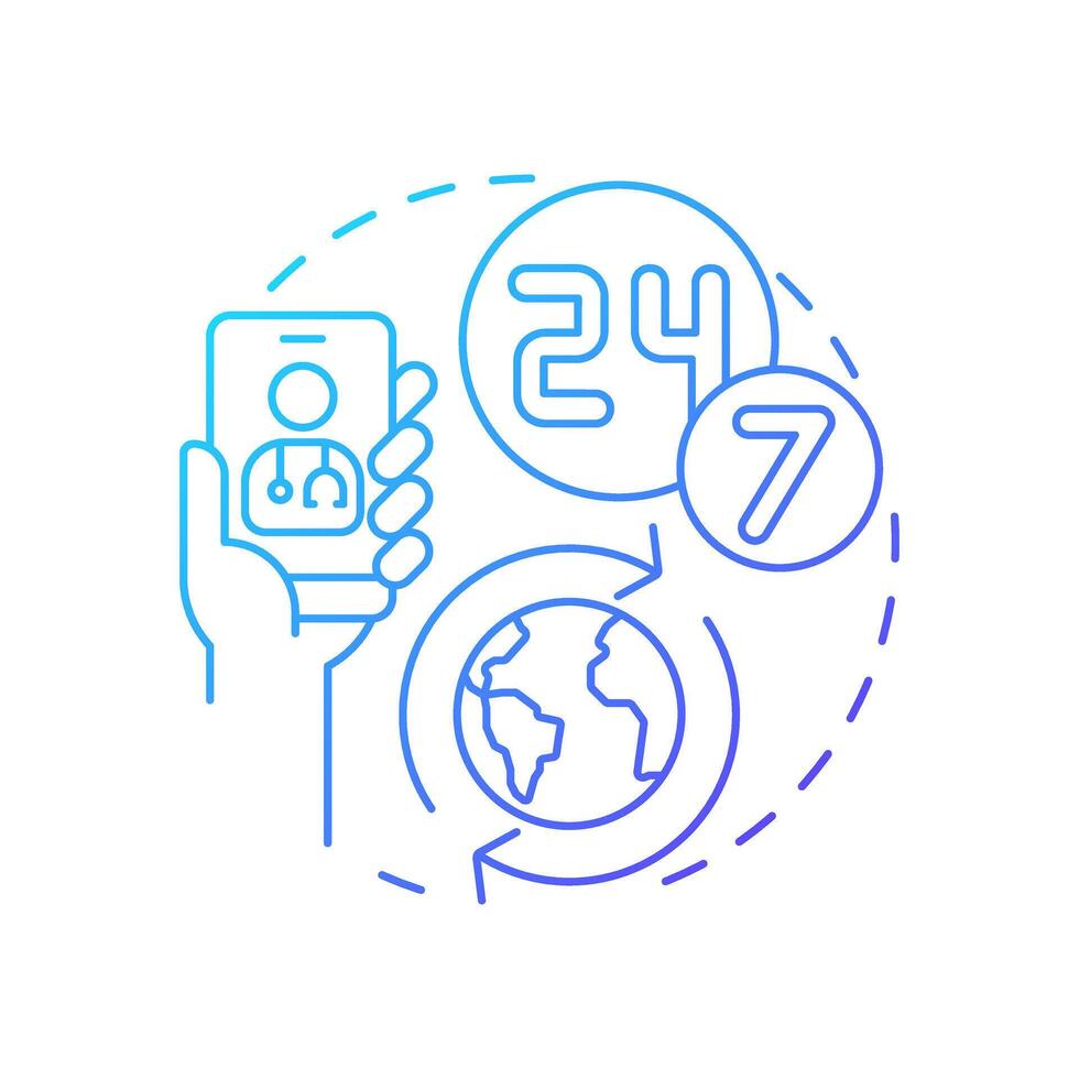 Global reach 24 7 blue gradient concept icon. Healthcare available at any time. Quality of medical service. Round shape line illustration. Abstract idea. Graphic design. Easy to use in application vector