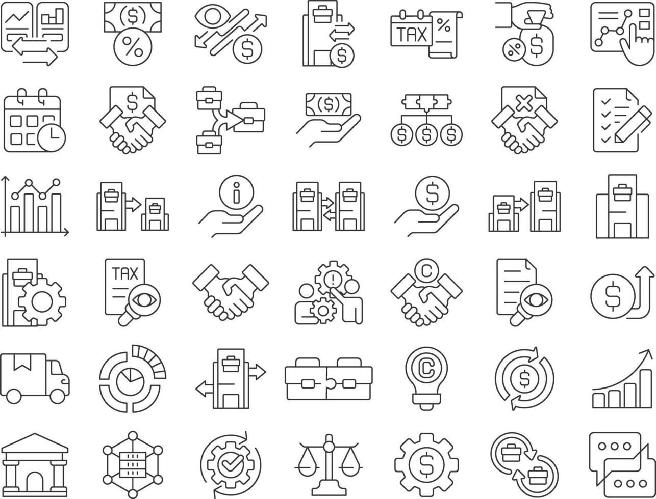 Intercompany transactions linear icons set. B2B finances transfers. Commercial activity solutions. Customizable thin line symbols. Isolated outline illustrations. Editable stroke vector