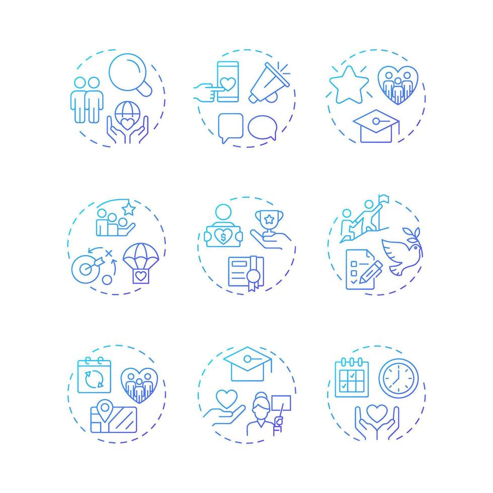 Volunteer management blue gradient concept icons. Supporters engagement in social activities. Non profit organizations. Icon pack. Round shape illustrations for booklet. Abstract idea vector