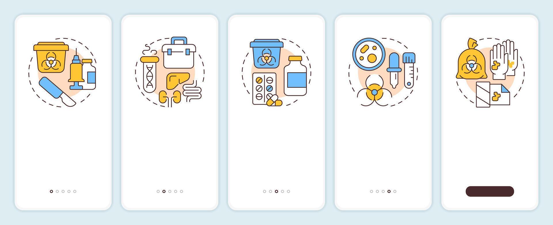 Biomedical waste onboarding mobile app screen. Toxic, chemicals. Walkthrough 5 steps editable graphic instructions with linear concepts. UI, UX, GUI vector