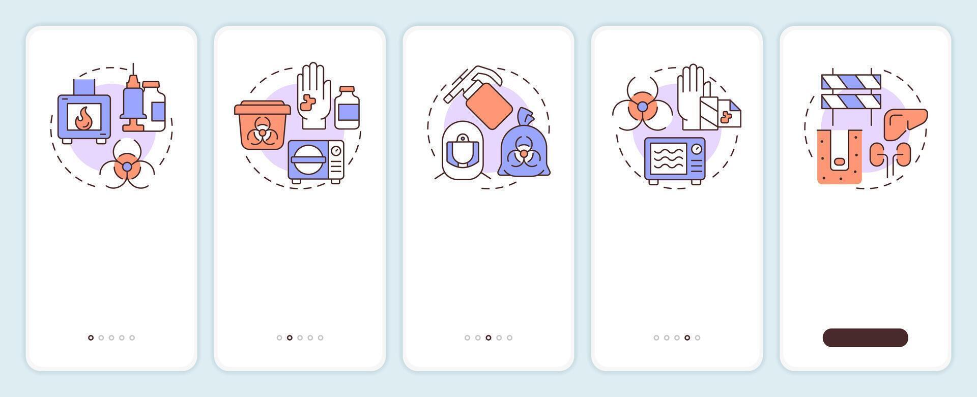 Biomedical waste treatment onboarding mobile app screen. Walkthrough 5 steps editable graphic instructions with linear concepts. UI, UX, GUI vector