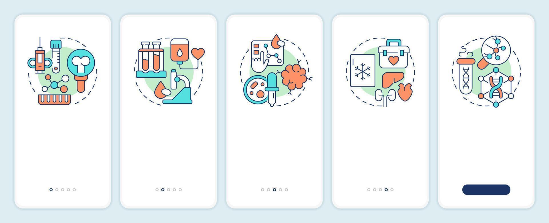 Types of biobanks onboarding mobile app screen. Biorepository. Walkthrough 5 steps editable graphic instructions with linear concepts. UI, UX, GUI vector
