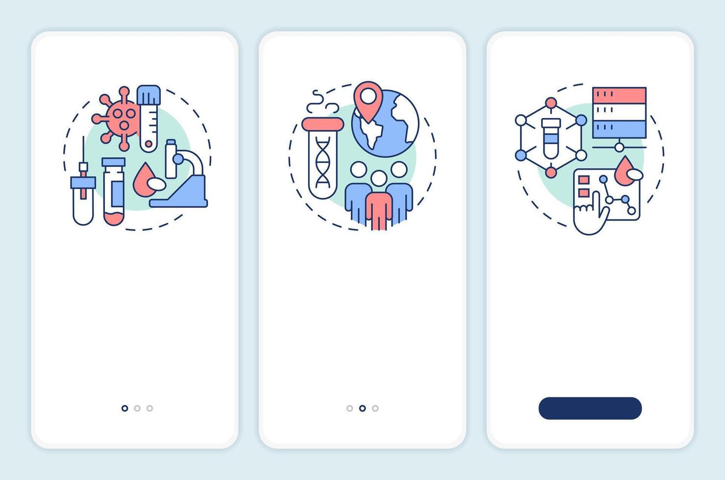Biobanks classification onboarding mobile app screen. Bio specimens. Walkthrough 3 steps editable graphic instructions with linear concepts. UI, UX, GUI vector