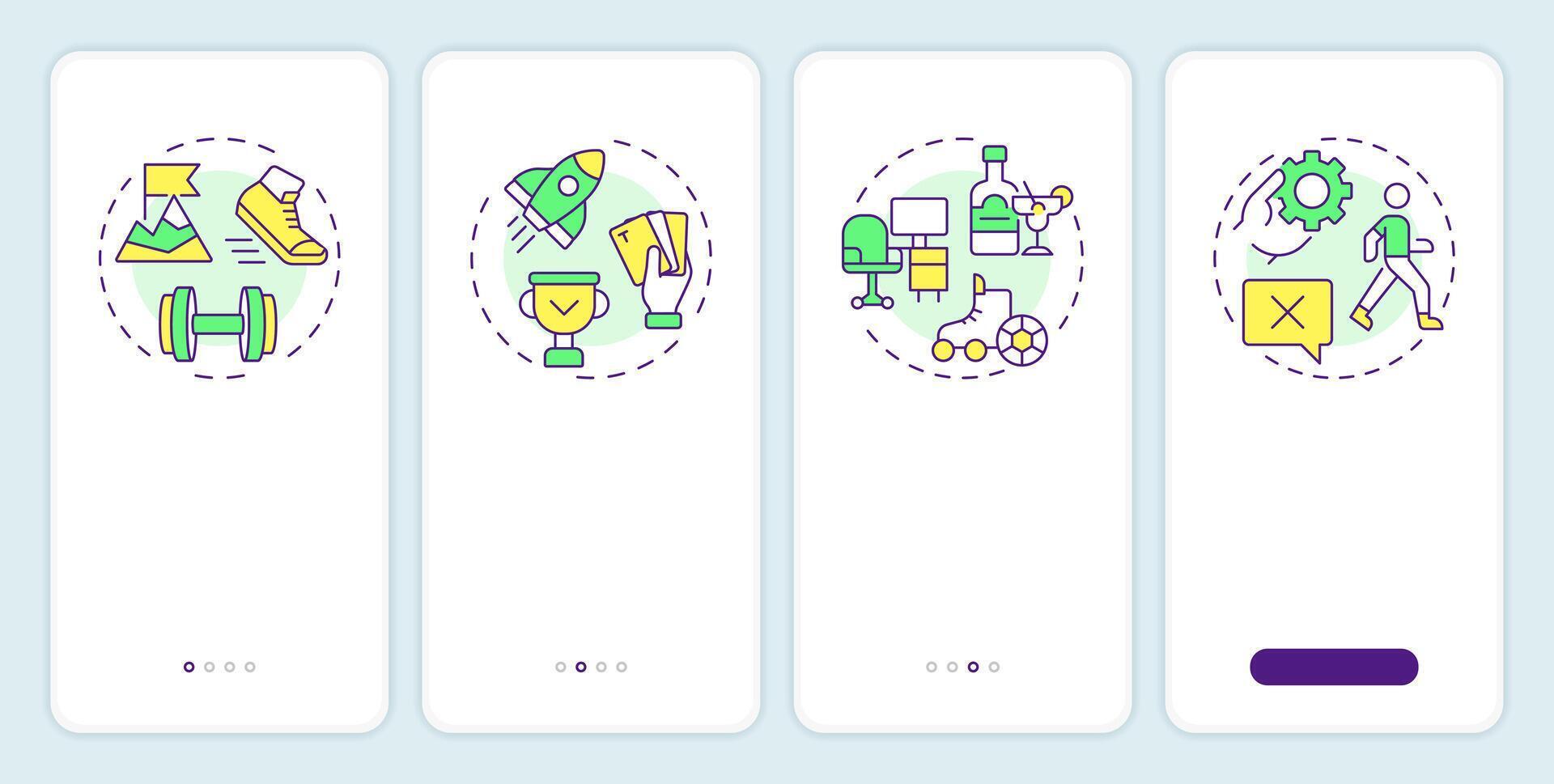 Motivation lessons onboarding mobile app screen. Life success. Walkthrough 4 steps editable graphic instructions with linear concepts. UI, UX, GUI vector