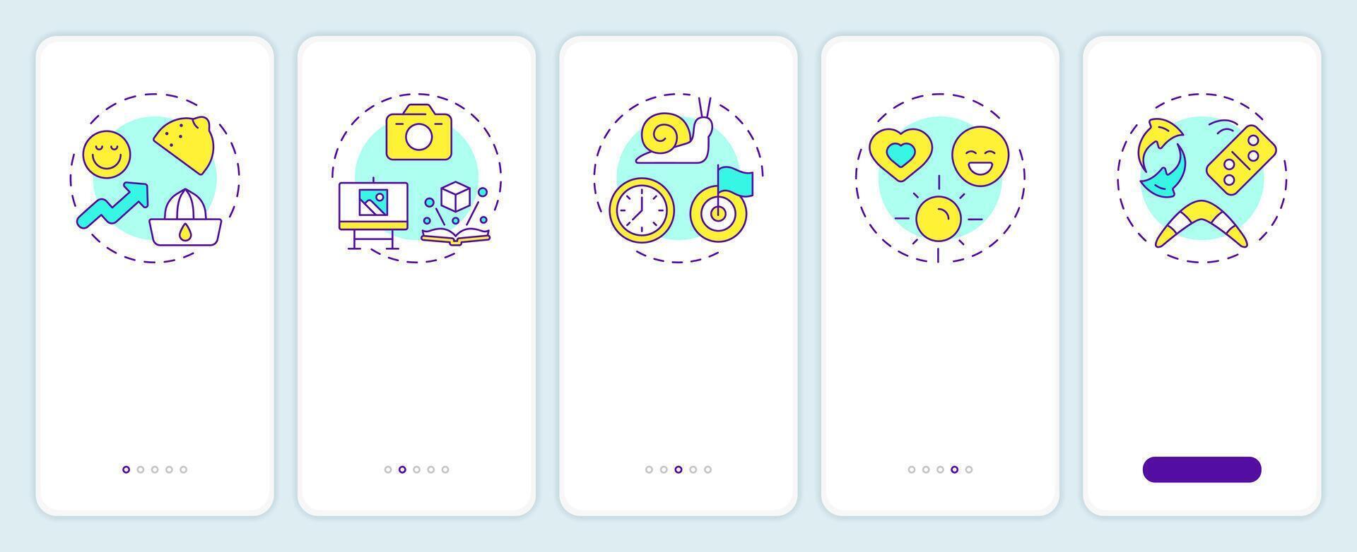 Positive mentality onboarding mobile app screen. Social relationships. Walkthrough 5 steps editable graphic instructions with linear concepts. UI, UX, GUI vector