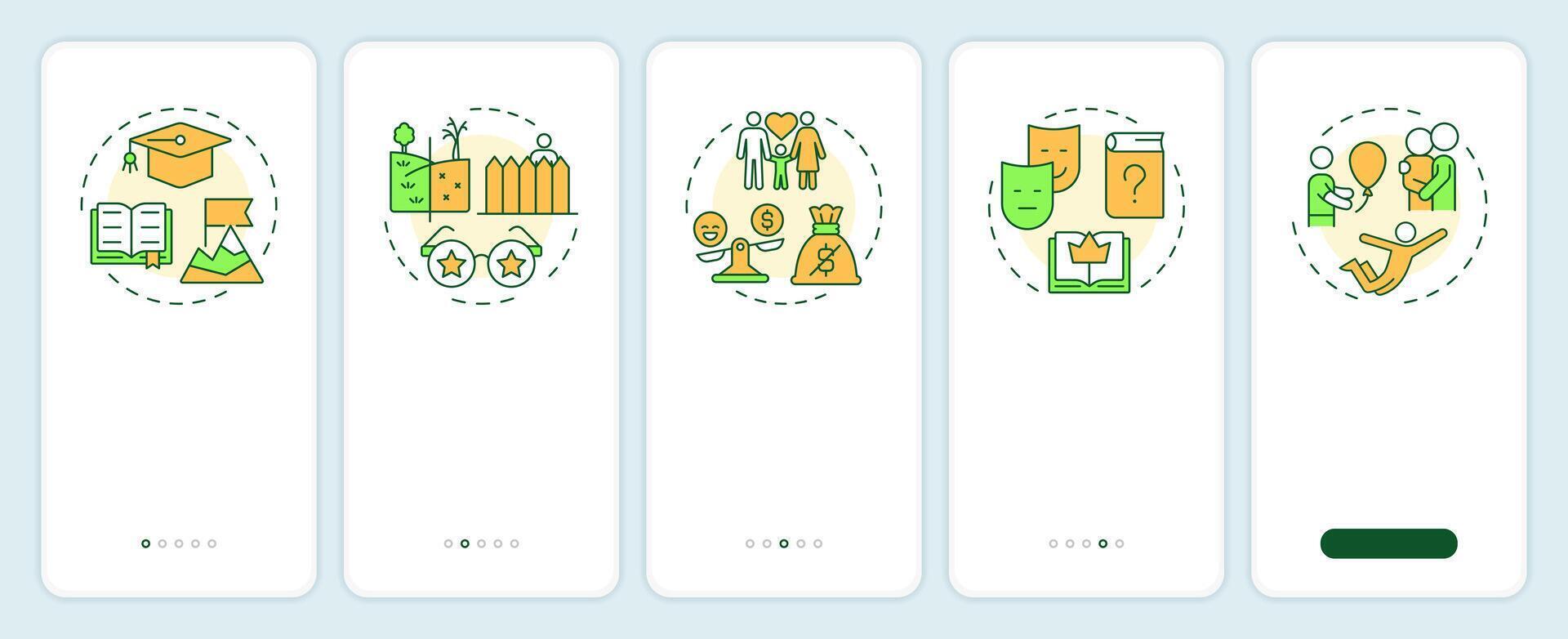 Life lessons onboarding mobile app screen. Personal knowledge. Walkthrough 5 steps editable graphic instructions with linear concepts. UI, UX, GUI vector