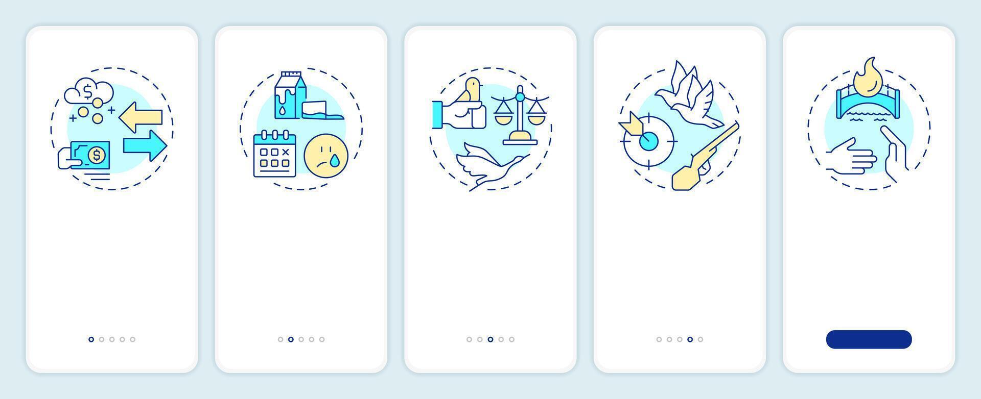Decisions making onboarding mobile app screen. Responsibility, efforts. Walkthrough 5 steps editable graphic instructions with linear concepts. UI, UX, GUI vector