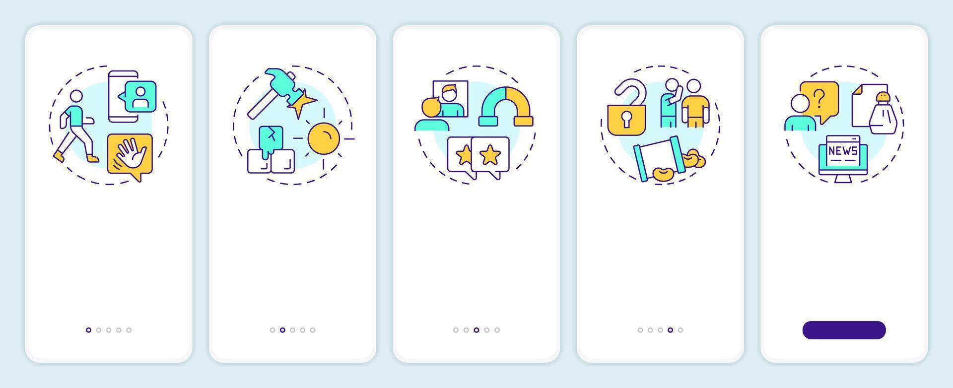 Social networking onboarding mobile app screen. Relationships, friendship. Walkthrough 5 steps editable graphic instructions with linear concepts. UI, UX, GUI vector