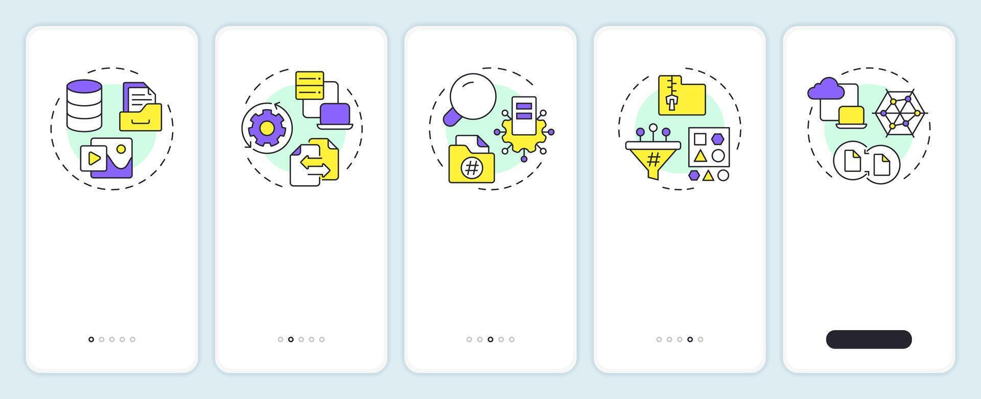 Features of PIM onboarding mobile app screen. Product info management. Walkthrough 5 steps editable graphic instructions with linear concepts. UI, UX, GUI vector
