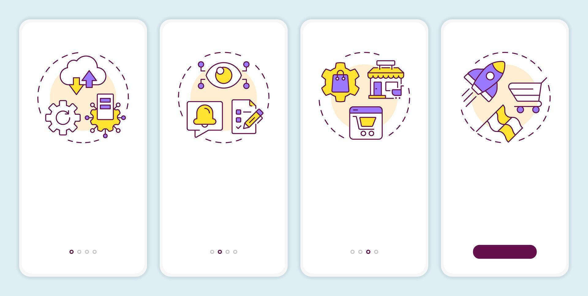 Benefits of using PIM system onboarding mobile app screen. E commerce. Walkthrough 4 steps editable graphic instructions with linear concepts. UI, UX, GUI vector