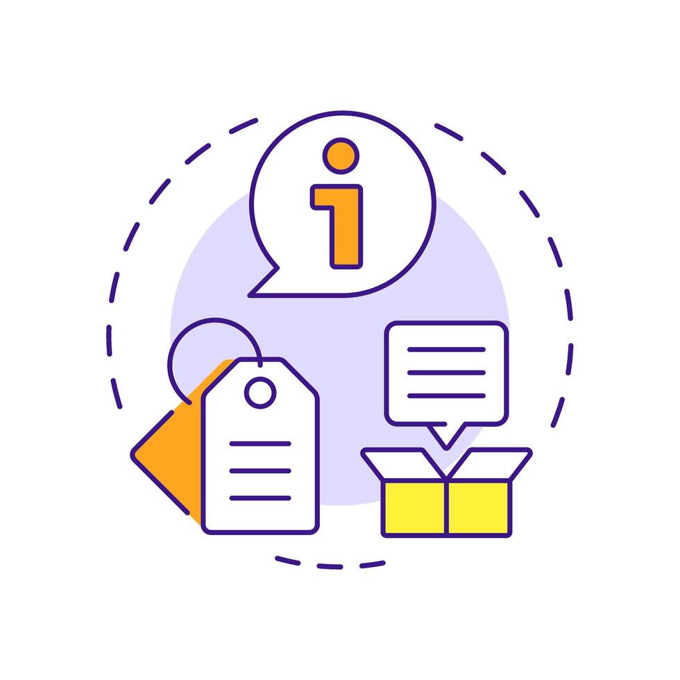 Basic product details multi color concept icon. Essential attributes of identification. Goods data sheet. Round shape line illustration. Abstract idea. Graphic design. Easy to use in presentation vector
