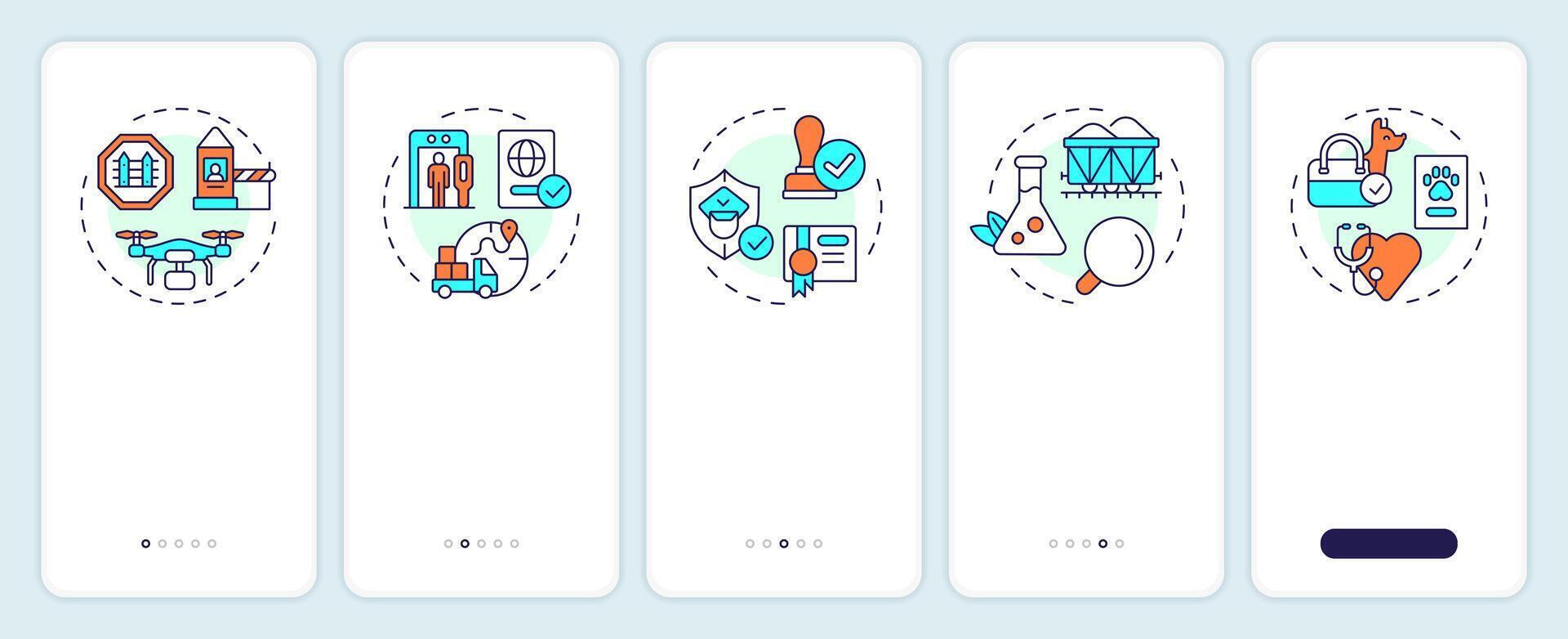 Integrated border management onboarding mobile app screen. Migration. Walkthrough 5 steps editable graphic instructions with linear concepts. UI, UX, GUI vector