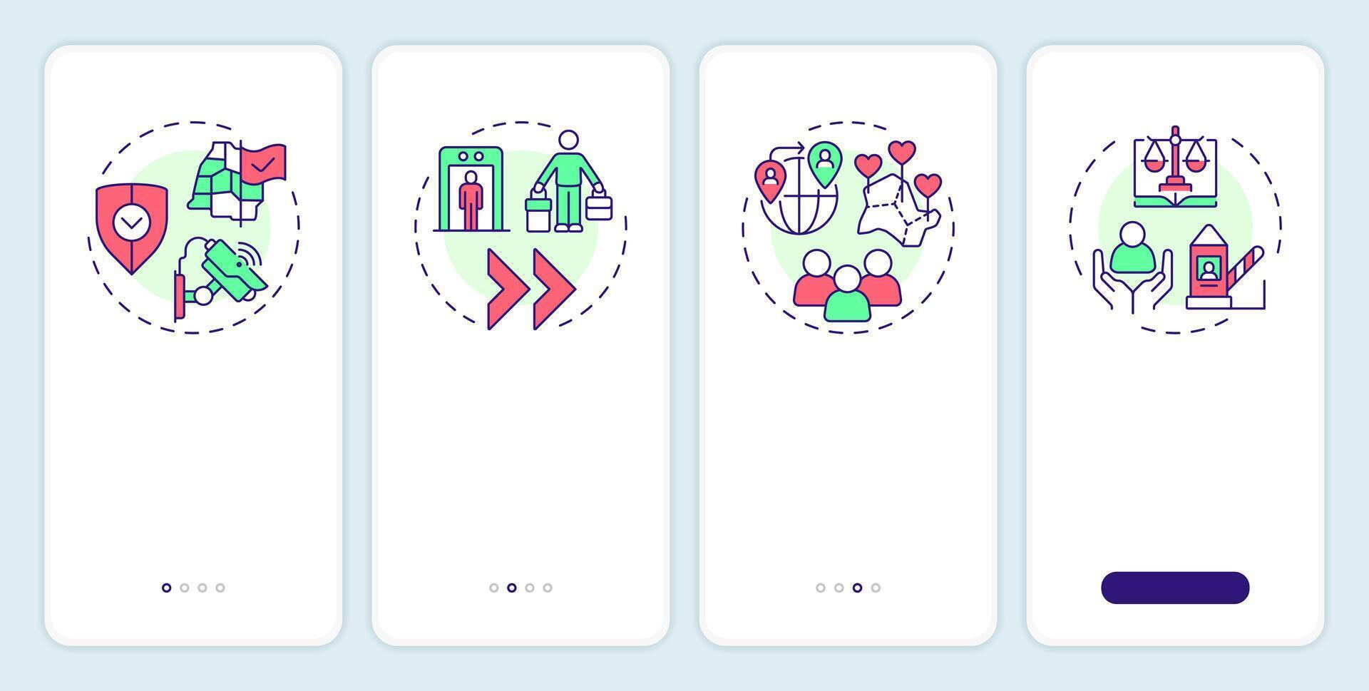 Benefits of border management onboarding mobile app screen. IBM strategy. Walkthrough 4 steps editable graphic instructions with linear concepts. UI, UX, GUI vector