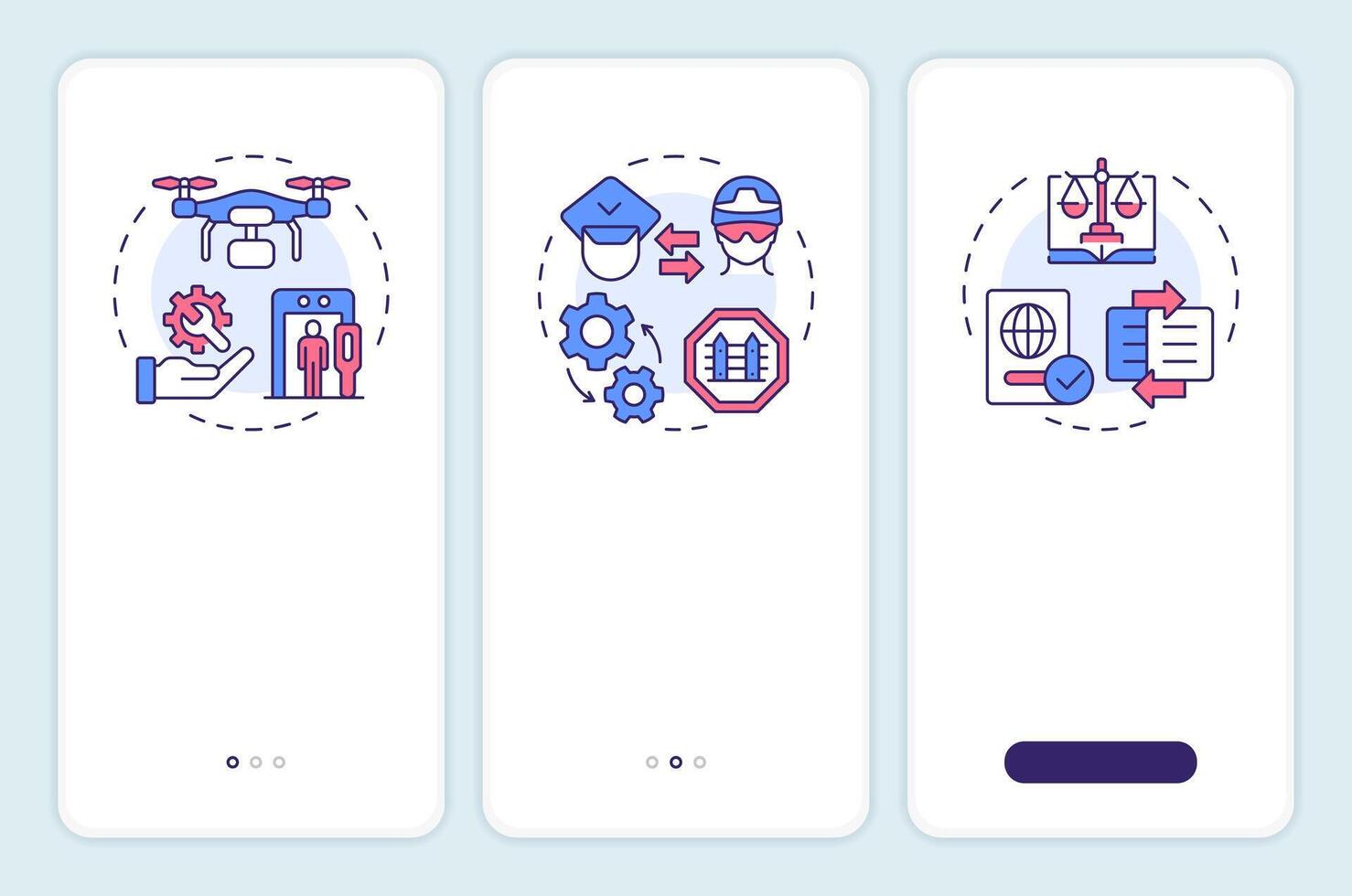 Areas of integration onboarding mobile app screen. IBM strategy. Walkthrough 3 steps editable graphic instructions with linear concepts. UI, UX, GUI vector