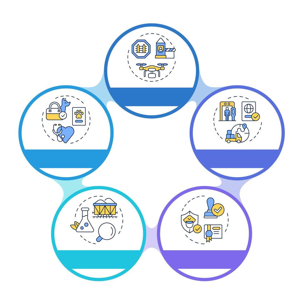 Integrated border management infographic circles flowchart. National security service. IBM. Visualization diagram with 5 steps. Circular info graphic editable vector