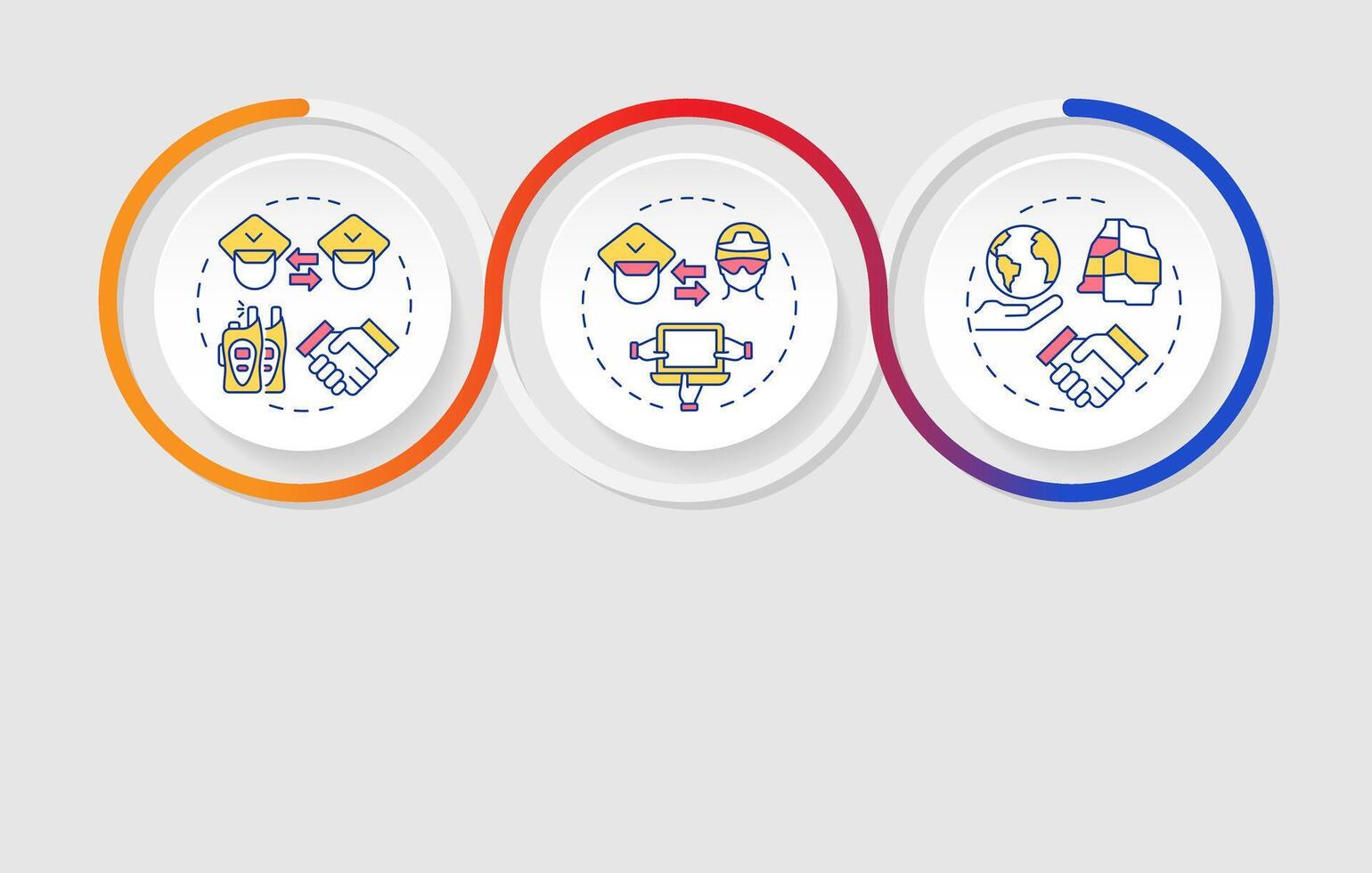 Levels of cooperation infographics circles sequence. Integrated border management system. Visualization layout with 3 steps. Info chart loop process presentation vector