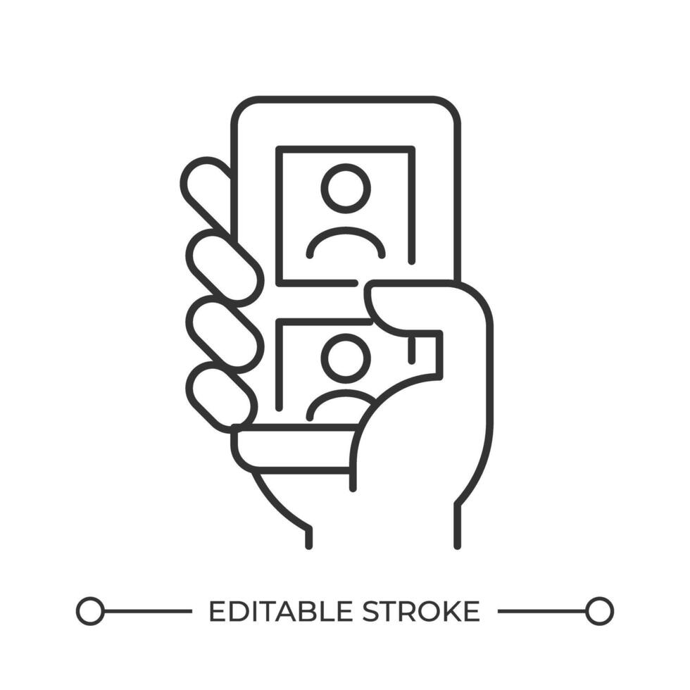 Hand holding smartphone with communication app line icon. Social media scrolling. Online chat for cellphone users. Isolated illustration. Outline symbol. Simple linear drawing. Editable stroke vector