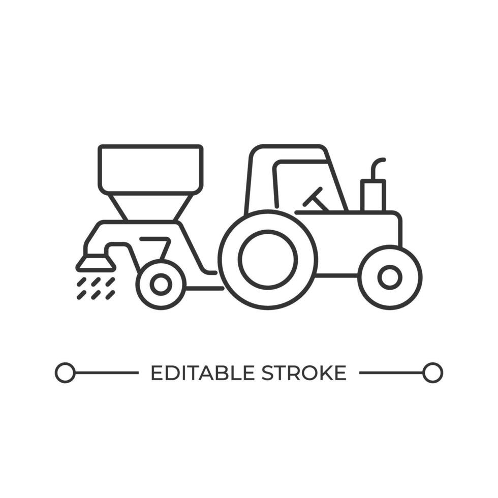 Tractor with seeds drill line icon. Agricultural combine sowing plants in field. Device dragged by tractor. Isolated illustration. Outline symbol. Simple linear drawing. Editable stroke vector