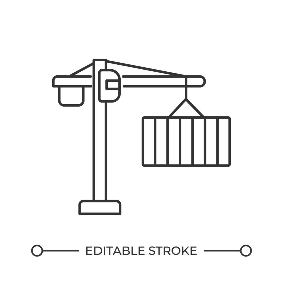 Tower crane line icon. Cargo lifting and transporting machinery. Container hanging on heist of at terminal. Isolated illustration. Outline symbol. Simple linear drawing. Editable stroke vector