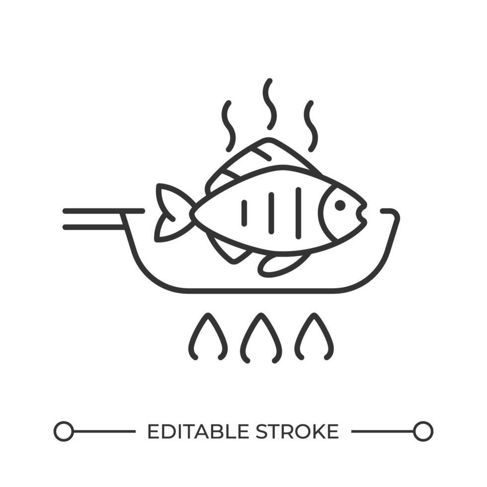 Roasting fish line icon. Cooking seafood on frying pan. Healthy homemade dinner preparation. Food ingredient. Isolated illustration. Outline symbol. Simple linear drawing. Editable stroke vector