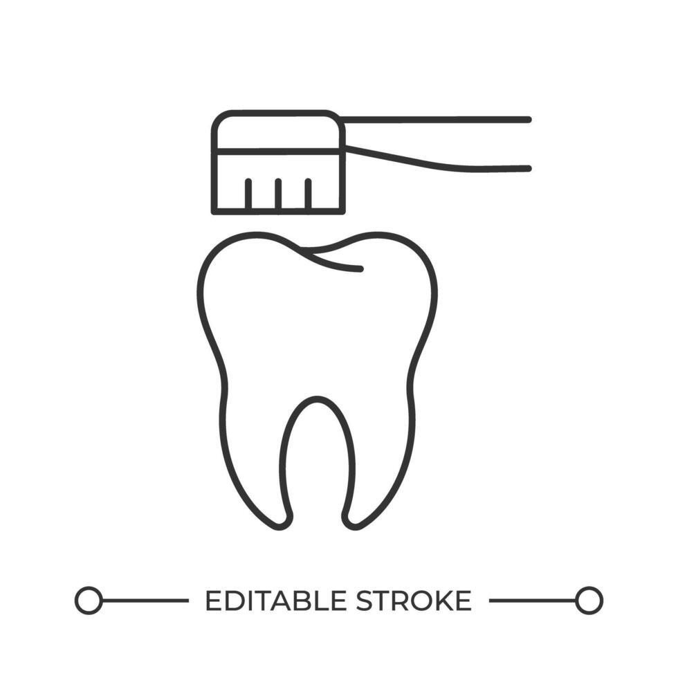Washing teeth line icon. Healthy tooth with brush. Regular oral cavity cleaning routine. Dental hygiene sullies. Isolated illustration. Outline symbol. Simple linear drawing. Editable stroke vector