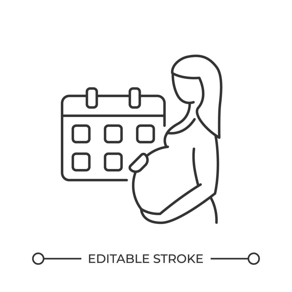 Pregnant woman with calendar line icon. Child birth expectation. Prenatal care for mother health support. Isolated illustration. Outline symbol. Simple linear drawing. Editable stroke vector