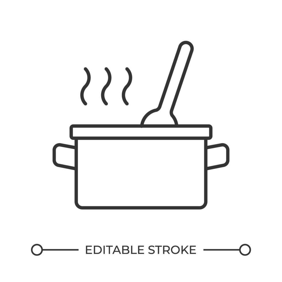 Cooking food in pot line icon. Saucepan with rising steam and spoon. Preparing healthy homemade dish. Soup recipe. Isolated illustration. Outline symbol. Simple linear drawing. Editable stroke vector